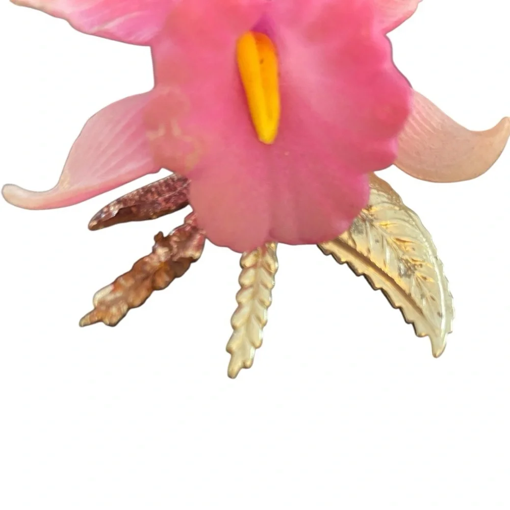 Vintage Pink Orchid Brooch Pin Gold Tone Floral Statement Botanical